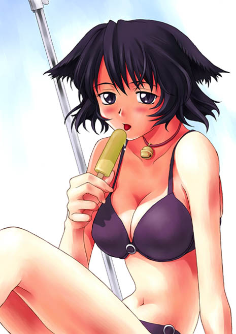 tanaka shoutarou, 1girl, animal ears, bell, bikini, blue eyes, blue hair, breasts, cleavage, collar, female focus, food, large breasts, matching hair/eyes, neck bell, popsicle, solo, swimsuit