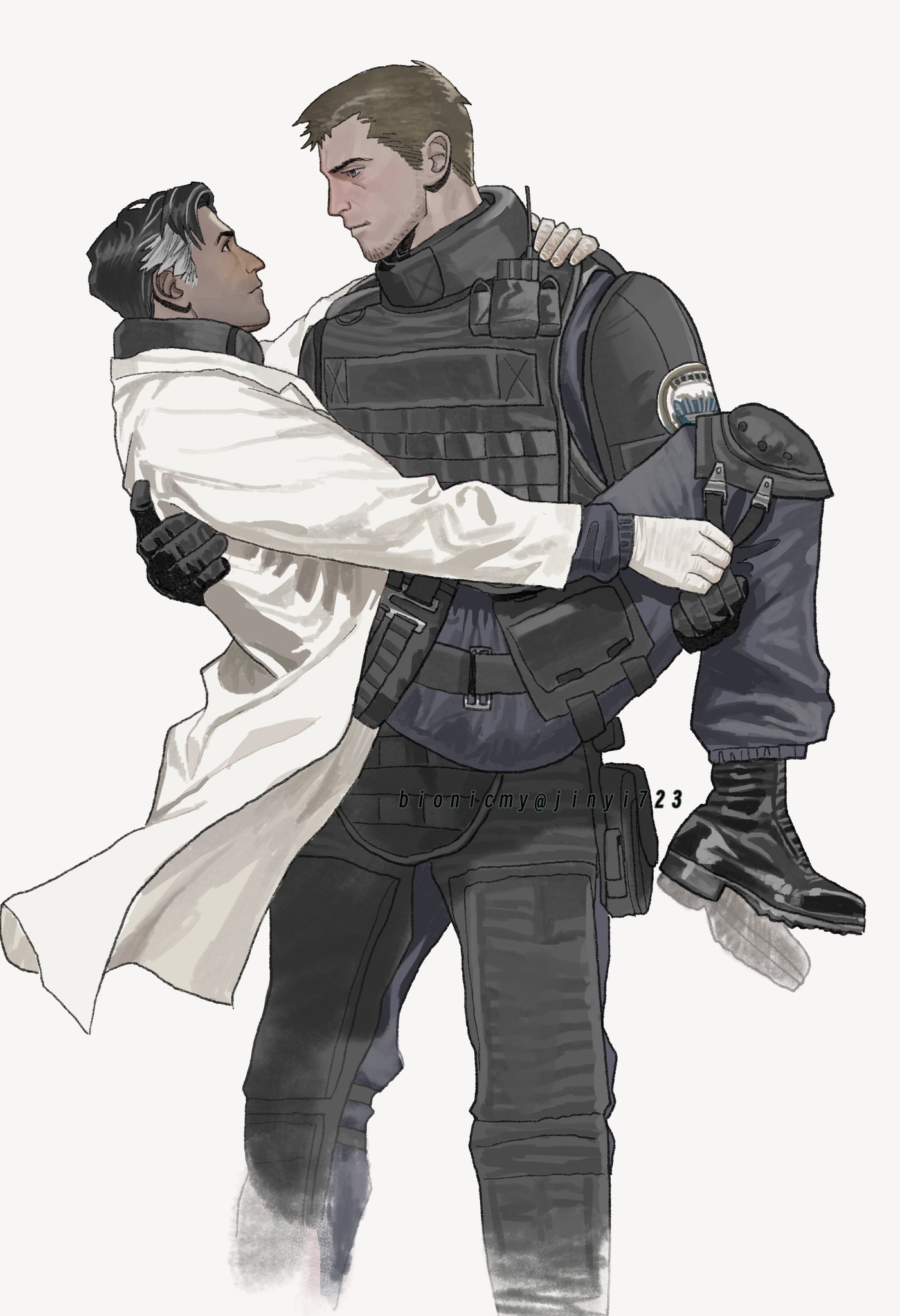 fangsheng jixieshi, doc (rainbow six siege), rook (rainbow six siege), rainbow six siege, highres, 2boys, arm around neck, beard stubble, belt, black belt, black gloves, black hair, black pants, black shirt, black shoes, black vest, brown eyes, brown hair, bulletproof vest, closed mouth, coat, cropped legs, dark-skinned male, dark skin, dated, eye contact, facial hair, gloves, green hair, knee pads, long sleeves, looking at another, male focus, multicolored hair, multiple boys, pants, pouch, profile, shirt, shoes, simple background, smile, standing, streaked hair, stubble, thigh pouch, vest, walkie-talkie, white background, white coat, white gloves, yaoi