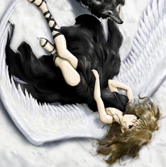 angel, black dress, black eyes, brown hair, dress, lying, wings, wolf