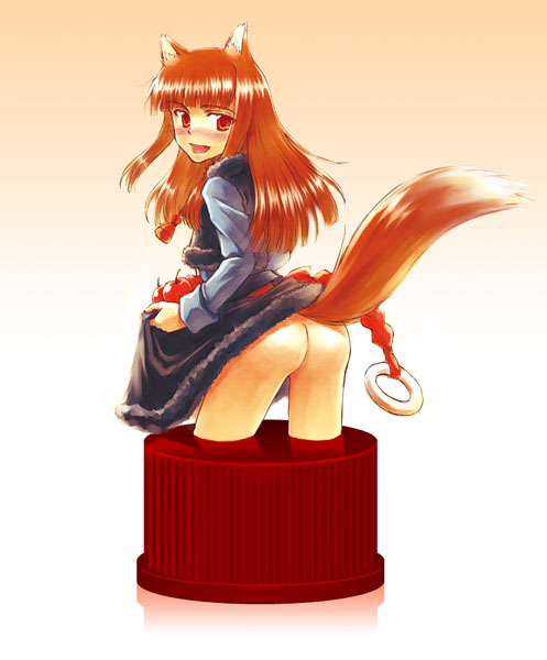 tooyama hirohito, holo, spice and wolf, bad id, bad pixiv id, 00s, 1girl, animal ears, apple, ass, brown hair, clothes lift, fang, female focus, food, fruit, holding, holding food, holding fruit, long hair, no panties, pixiv bottlecap, red eyes, skirt, skirt lift, solo, tail, wolf ears, wolf tail