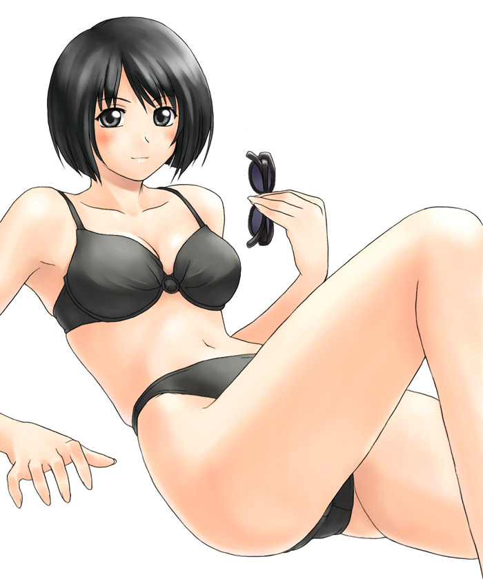 tanaka shoutarou, kanina shizuka, maria-sama ga miteru, 00s, 1girl, bikini, black bikini, black eyes, black hair, blue eyes, blue hair, female focus, glasses, holding, holding removed eyewear, matching hair/eyes, simple background, solo, sunglasses, swimsuit, unworn eyewear, white background