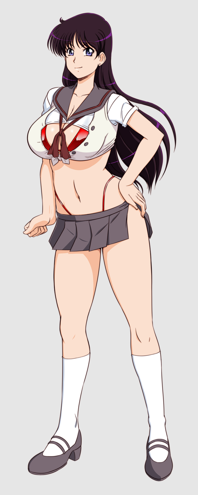 lento (glamour works), hino rei, bishoujo senshi sailor moon, highres, adapted costume, bikini, bikini under clothes, breasts, cleavage, collarbone, corruption, cropped vest, dark persona, grey sailor collar, grey skirt, gyaru, high heels, kneehighs, long hair, looking at viewer, microskirt, midriff, navel, pleated skirt, purple eyes, purple hair, red bikini, red ribbon, ribbon, sailor collar, school uniform, serafuku, short sleeves, shrug (clothing), side slit, skirt, smile, socks, swimsuit, ta girls school uniform, thick thighs, thighs, thong bikini, vest, white shrug, white vest