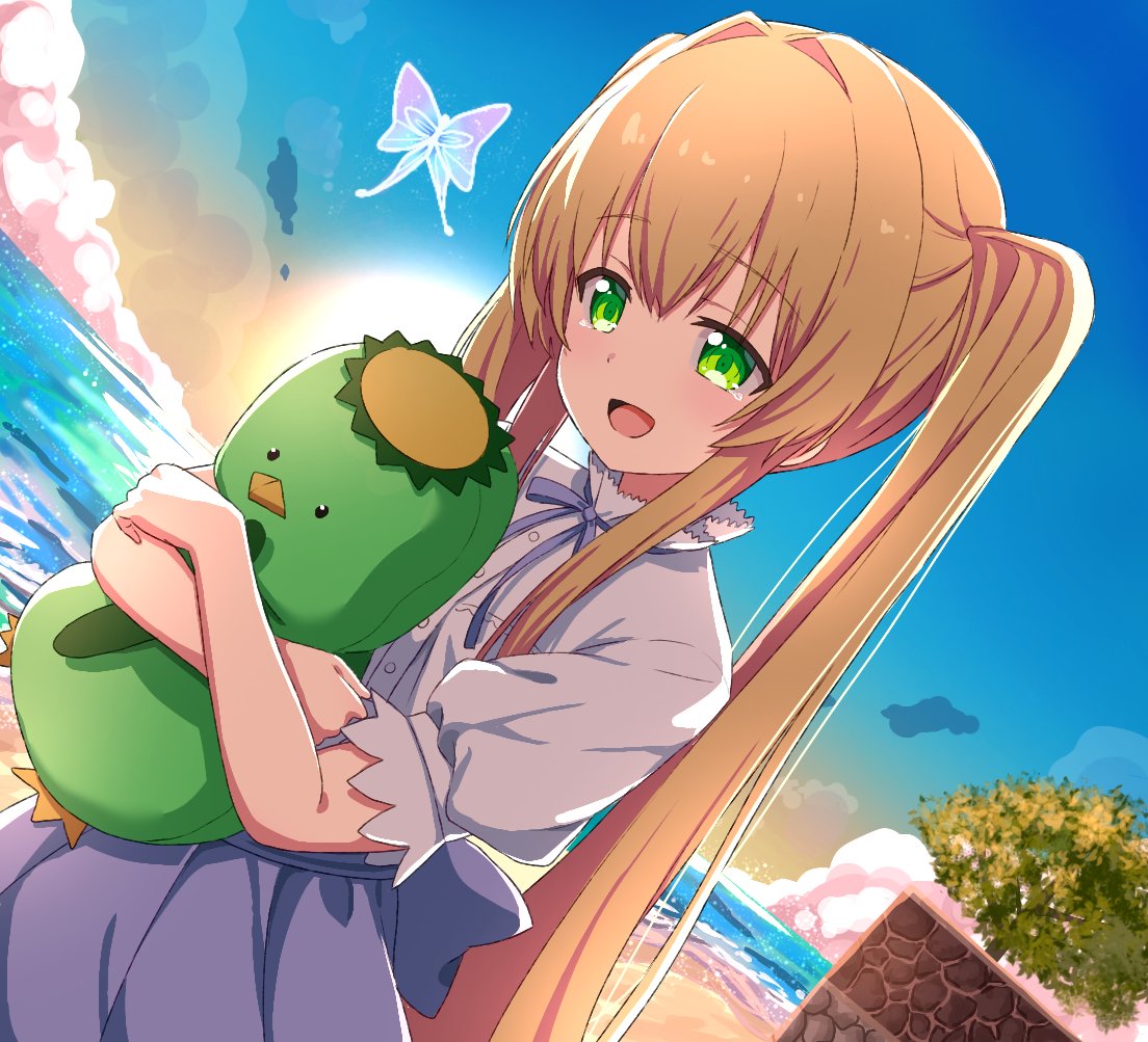 poteto furai, tsumugi wenders, summer pockets, commentary request, 1girl, :d, backlighting, beach, blue butterfly, blue ribbon, blue skirt, blue sky, blush, bug, butterfly, cowboy shot, day, dutch angle, glowing butterfly, green eyes, hair between eyes, hair intakes, happy tears, high-waist skirt, holding, holding stuffed toy, hugging object, insect, long hair, looking down, neck ribbon, ocean, official alternate costume, open mouth, outdoors, puffy short sleeves, puffy sleeves, ribbon, ringed eyes, shirt, short sleeves, sidelocks, skirt, sky, smile, solo, straight hair, stuffed kappa, stuffed toy, sun, sunlight, tears, twintails, very long hair, white shirt