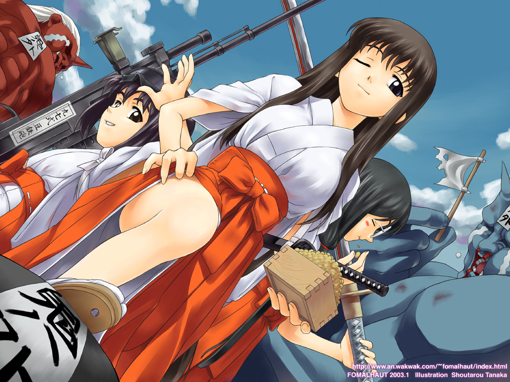tanaka shoutarou, 3girls, beans, blue oni, demon, dutch angle, fomalhatu, gun, hakama, hakama skirt, japanese clothes, katana, mamemaki, masu, miko, multiple girls, one eye closed, oni, red hakama, red oni, setsubun, skirt, sword, tasuki, tears, weapon, wink