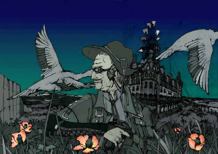 gecco, hirasawa geko, bad id, bad pixiv id, bird, flower, gun, male focus, monochrome, old, old man, power lines, profile, sky, solo, weapon, windmill
