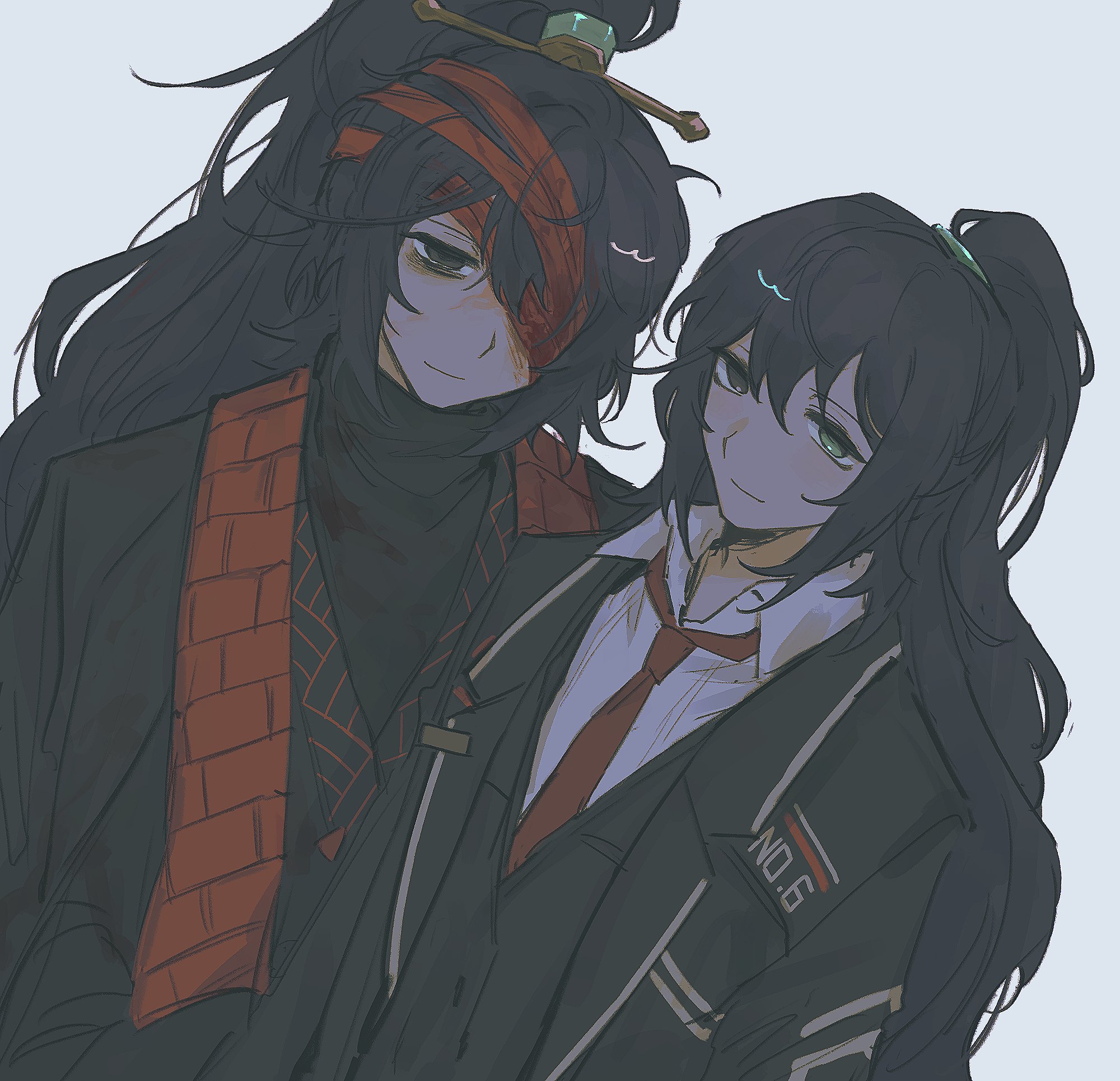 yobunkiii, hong lu (project moon), limbus company, project moon, highres, 2boys, bandage over one eye, black coat, black eyes, black hair, black hanfu, black sweater, black vest, blue eyes, chinese clothes, coat, collared shirt, family hierarch candidate (identity) (project moon), hanfu, heterochromia, high ponytail, long hair, long sleeves, looking at viewer, male focus, multiple boys, necktie, ponytail, red necktie, shirt, simple background, standing, stole, sweater, upper body, vest, white background, white shirt