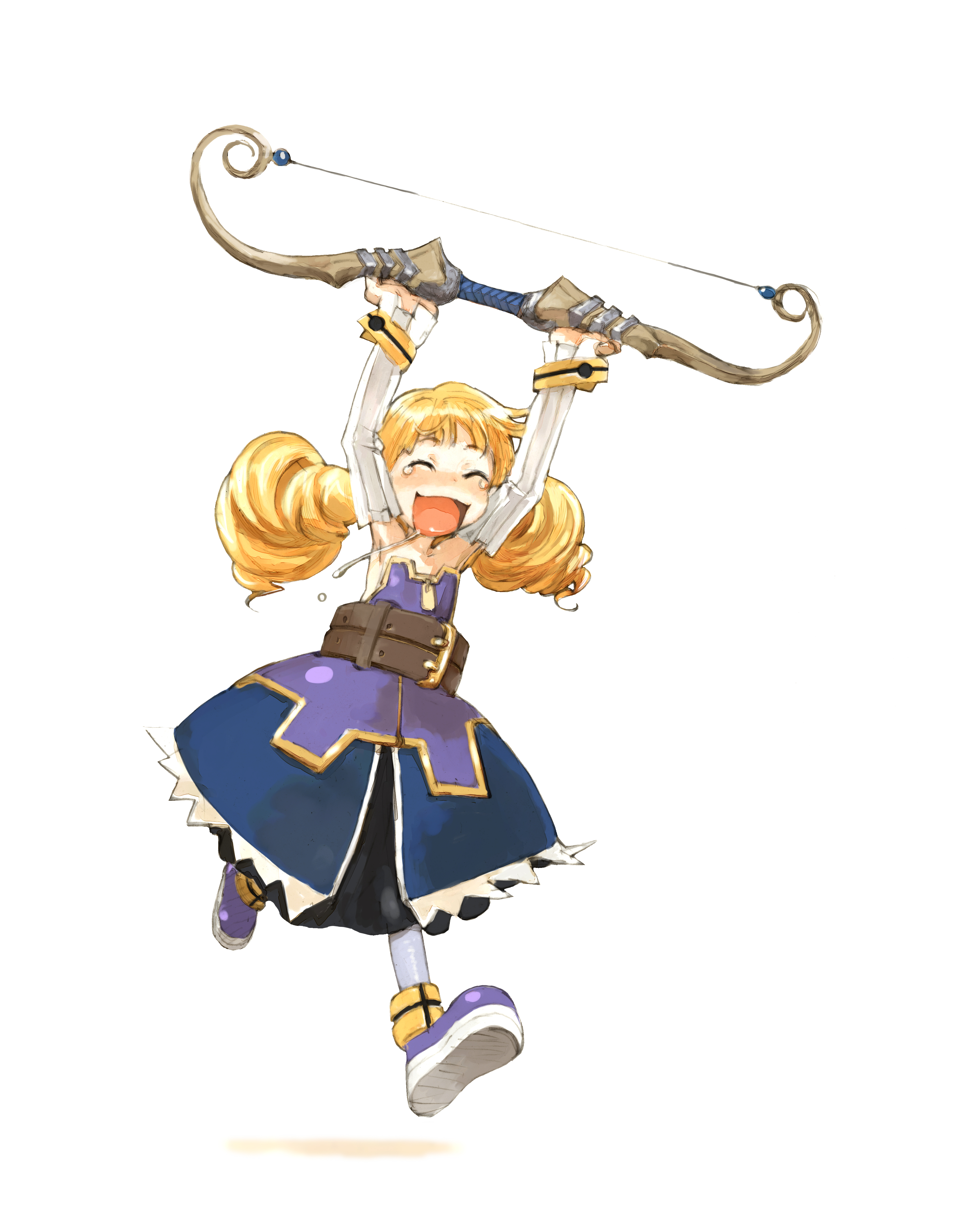 humi, toi8, archer (disgaea), archer (fate), disgaea, fate (series), absurdres, highres, scan, 1girl, :d, armpits, belt, blonde hair, bow, bow (weapon), closed eyes, demon girl, detached sleeves, drooling, female focus, marksman, open mouth, purple shoes, saliva, shoes, simple background, smile, solo, tears, twintails, weapon, white background
