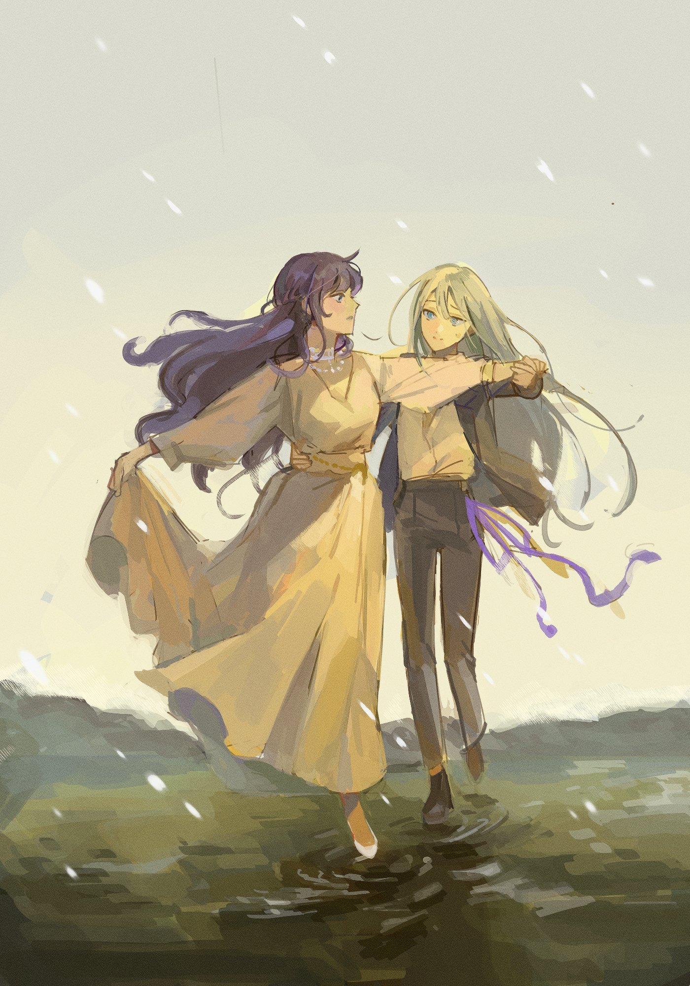 asahina mafuyu, yoisaki kanade, project sekai, commentary, highres, symbol-only commentary, 25imfine, 2girls, dress, grey pants, long hair, looking at another, multiple girls, pants, puddle, purple eyes, purple hair, very long hair, water, white dress