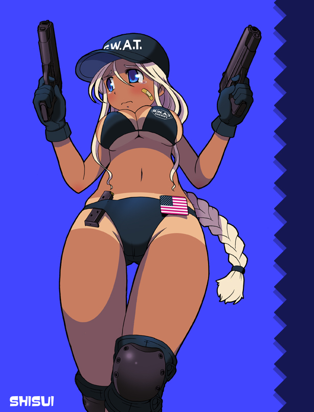 shisui, original, 1girl, 3:, american flag, artist name, bandaid, bandaid on face, bikini, bikini tan, black bikini, blonde hair, blue background, blue eyes, blush, braid, breasts, cleavage, crotch, dual wielding, embarrassed, female focus, from below, gloves, gun, handgun, hat, holding, knee pads, long hair, magazine (weapon), medium breasts, navel, outdoors, pistol, s.w.a.t., simple background, skindentation, sky, solo, standing, swimsuit, tan, tanline, tears, thigh gap, thighs, underboob, united states, weapon