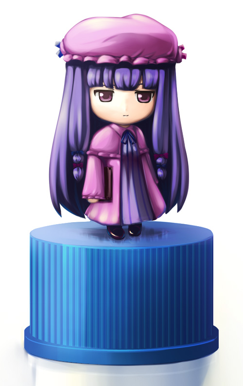 tdk, patchouli knowledge, touhou, bad id, bad pixiv id, 1girl, brown shoes, chibi, female focus, full body, pixiv bottlecap, shoes, solo, standing