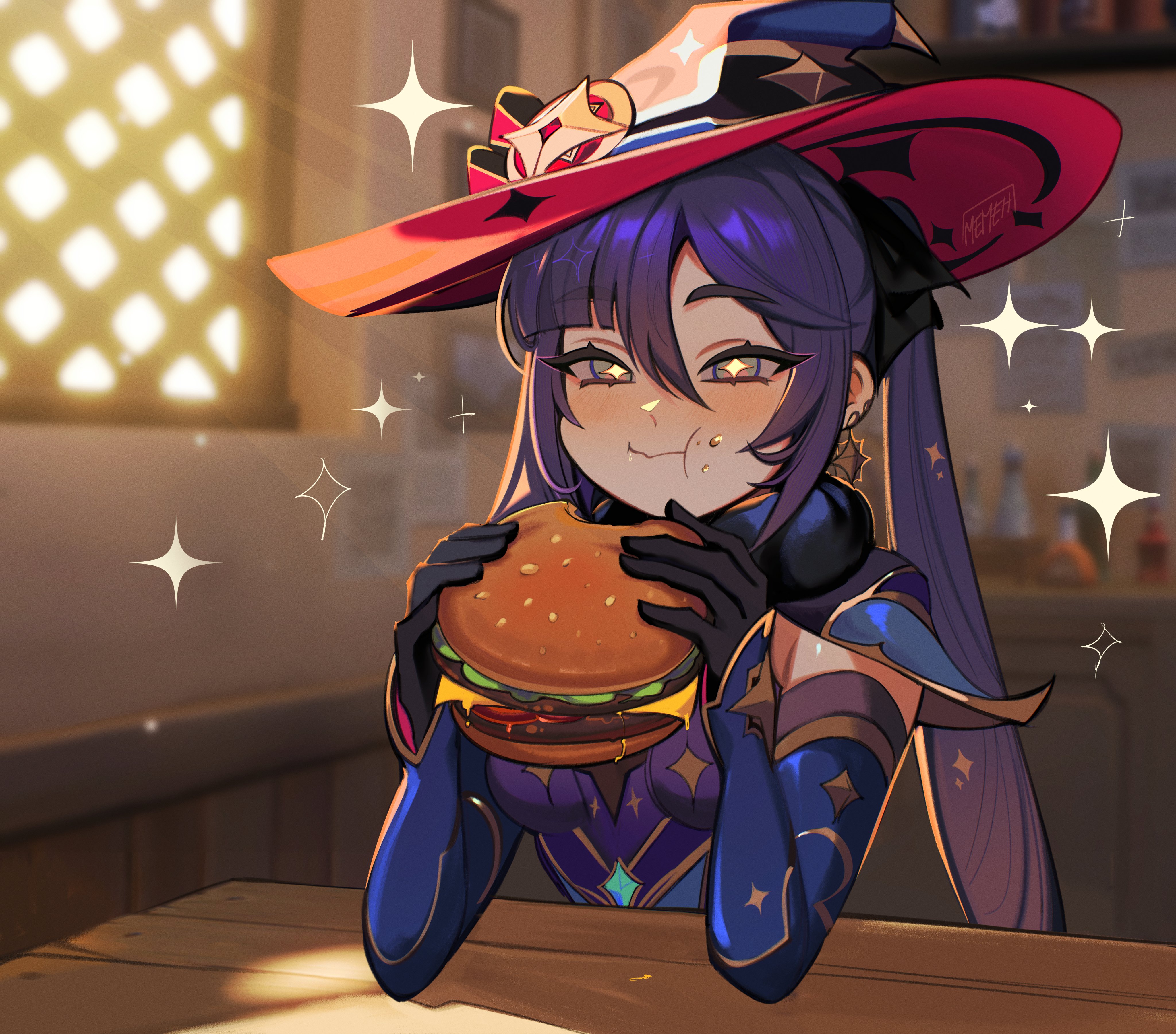 memeh, mona (genshin impact), mona (pact of stars and moon) (genshin impact), genshin impact, absurdres, highres, 1girl, bare shoulders, black gloves, breasts, burger, choker, closed mouth, detached sleeves, earrings, eating, food, gloves, hair between eyes, hair ornament, hat, jewelry, long hair, official alternate costume, purple hair, smile, solo, star-shaped pupils, star (symbol), star earrings, symbol-shaped pupils, twintails, witch hat