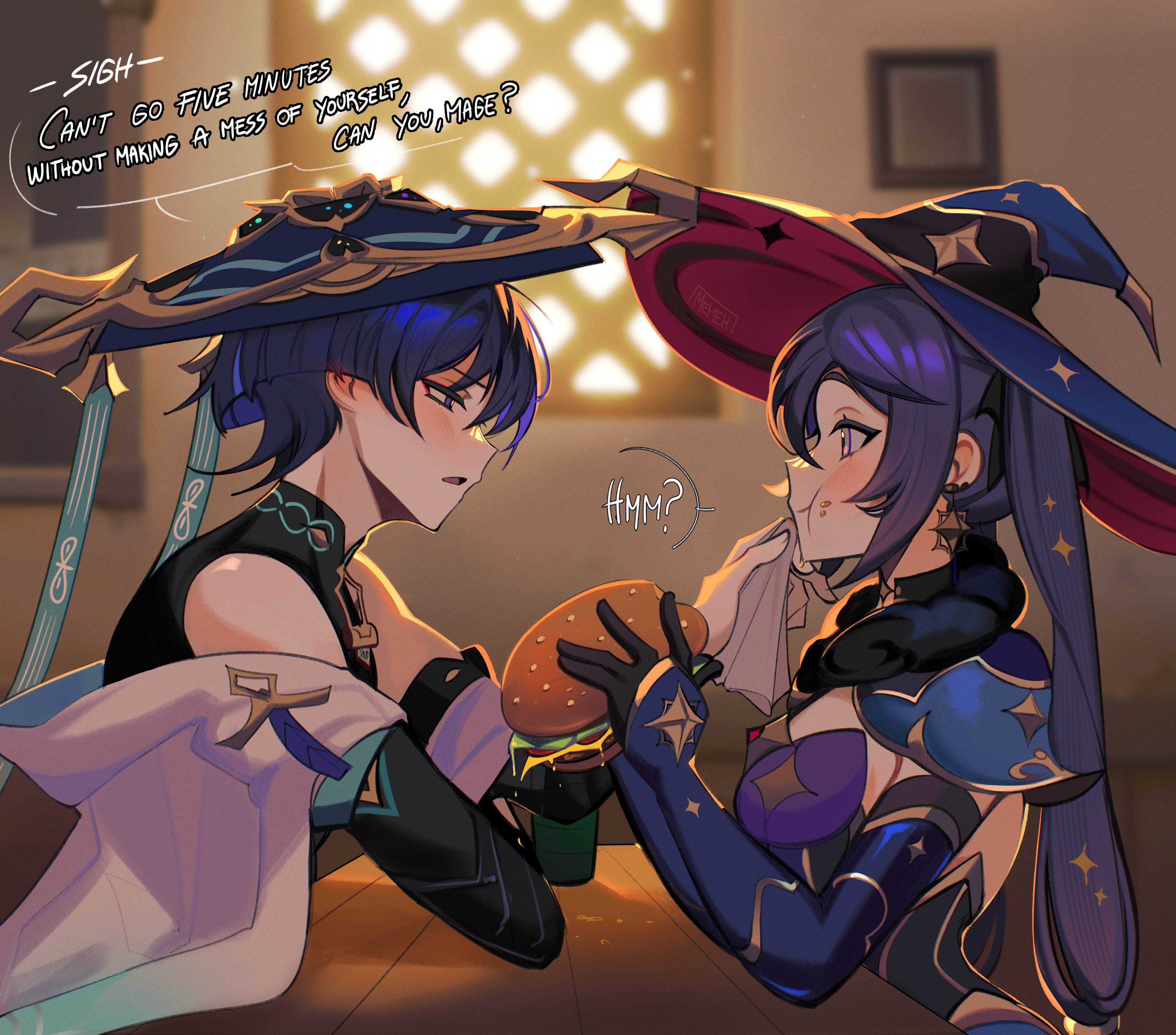 memeh, mona (genshin impact), mona (pact of stars and moon) (genshin impact), scaramouche (genshin impact), genshin impact, absurdres, highres, 1boy, 1girl, bare shoulders, blue hair, blush, bridal gauntlets, burger, detached sleeves, earrings, eating, english text, food, gloves, hair between eyes, hair ornament, handkerchief, hat, holding, holding handkerchief, jewelry, long hair, official alternate costume, purple hair, short hair, star (symbol), twintails, wiping mouth, witch hat