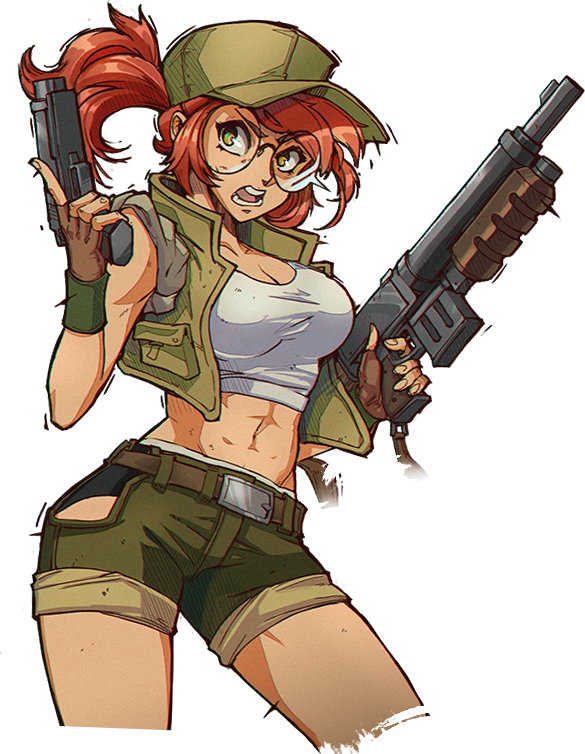 fio germi, official art, third-party source, 1girl, belt, breasts, brown belt, brown gloves, brown hair, contrapposto, crop top, cropped legs, dual wielding, finger on trigger, fingerless gloves, glasses, gloves, green eyes, green hat, green shorts, green vest, gun, handgun, hat, holding, large breasts, machine gun, metal slug tactics, midriff, navel, open clothes, open mouth, open vest, ponytail, round eyewear, short shorts, shorts, simple background, solo, tank top, teeth, transparent background, trigger discipline, vest, weapon, white tank top