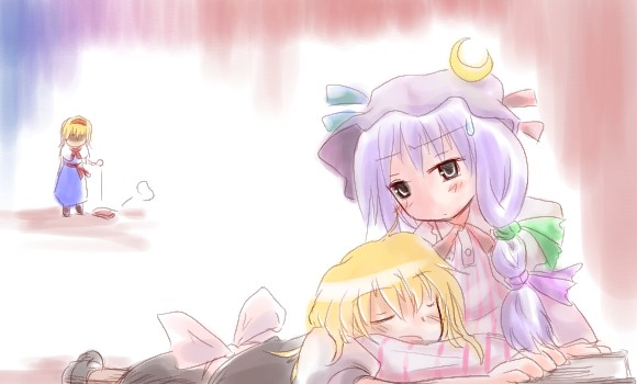 myau, alice margatroid, kirisame marisa, patchouli knowledge, touhou, 3girls, :d, blonde hair, blue dress, blush, capelet, closed eyes, crescent, dress, expressionless, female focus, frills, hat, head tilt, jealous, lap pillow, long sleeves, mob cap, multiple girls, open mouth, pink dress, smile, standing, sweatdrop