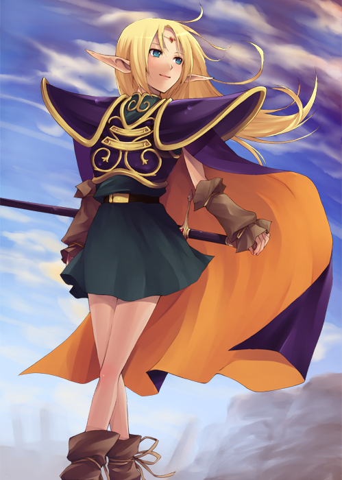 hijiki (hijikini), hijikini, deedlit, record of lodoss war, bad id, bad pixiv id, 1girl, armor, blonde hair, blue eyes, cape, circlet, day, elf, fantasy, female focus, green eyes, long hair, pointy ears, sky, solo, sword, weapon
