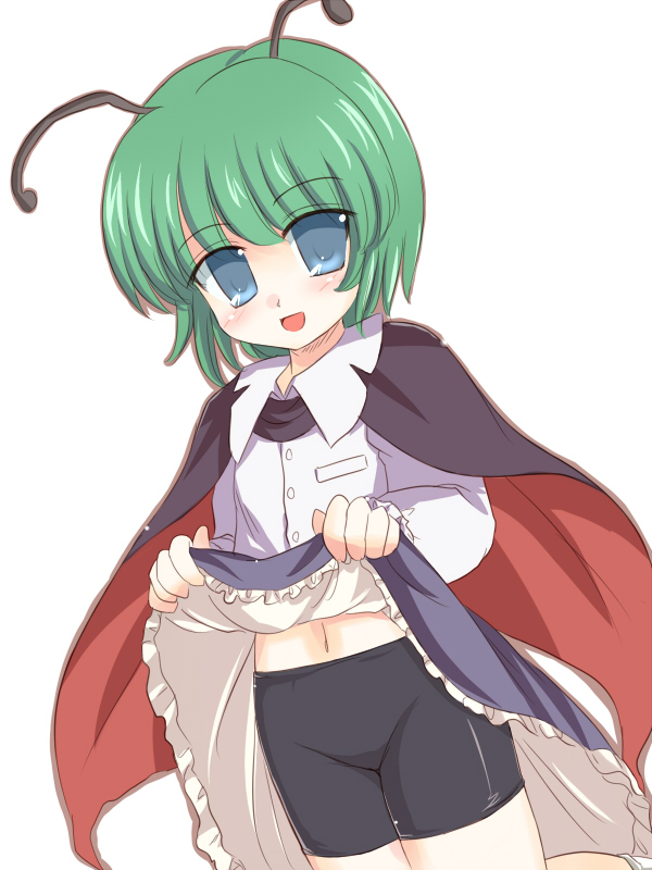 ry (yagoyago), wriggle nightbug, touhou, 1girl, antennae, bike shorts, clothes lift, female focus, simple background, skirt, skirt lift, solo, white background
