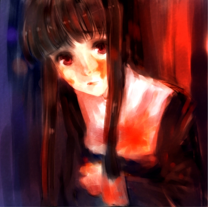 mokuden, asagami fujino, kara no kyoukai, bad id, bad pixiv id, blood, brown hair, long hair, red eyes, reien girl's academy school uniform, school uniform, solo