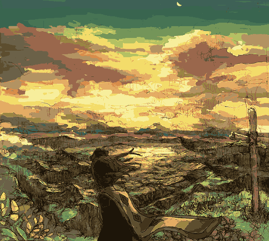 gecco, hirasawa geko, bad id, bad pixiv id, 1girl, cloud, cross, female focus, grave, haori, japanese clothes, latin cross, sign, sky, solo, sun, sunset