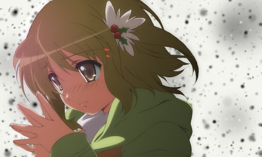 yomi (indigoriver), yoshida kazumi, original, shakugan no shana, 00s, 1girl, brown eyes, brown hair, female focus, from side, hair ornament, long sleeves, looking afar, own hands together, simple background, solo, upper body, white background