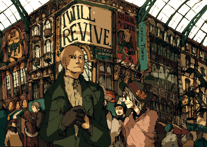 gecco, hirasawa geko, bad id, bad pixiv id, bald, city, flower, gloves, hat, police, road, scenery, sign, street