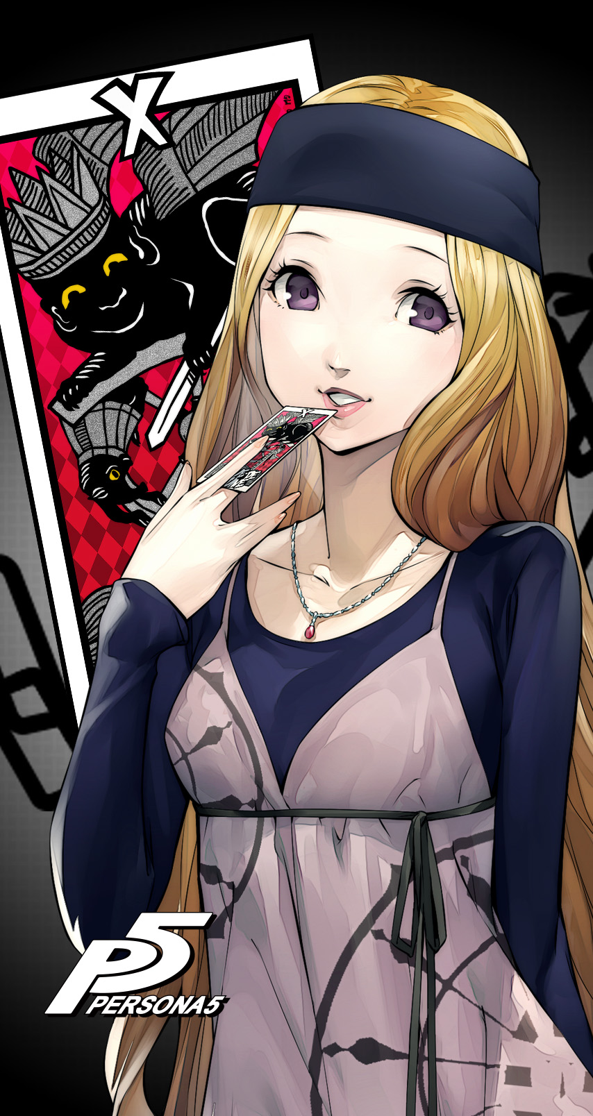 soejima shigenori, mifune chihaya, persona, persona 5, highres, official art, 1girl, black headband, black shirt, blonde hair, breasts, card, chain, dress, headband, jewelry, long hair, looking at viewer, medium breasts, necklace, pink dress, pink lips, purple eyes, shirt, solo, tarot, tarot card, very long hair, wheel of fortune (tarot)