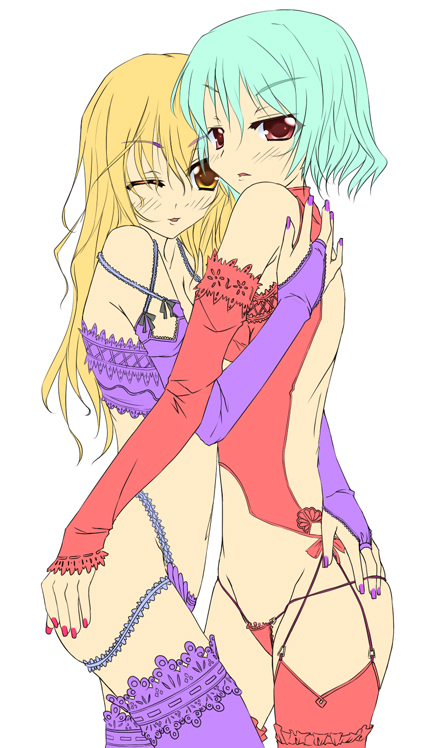 kirise mitsuru, kazami yuuka, yakumo yukari, touhou, ass grab, lace-trimmed legwear, purple legwear, red legwear, 2girls, aqua hair, ass, blonde hair, blush, elbow gloves, female focus, flat color, gloves, lace, lace-trimmed panties, lace trim, lingerie, looking at viewer, multiple girls, nail polish, one eye closed, panties, purple gloves, purple nails, purple panties, red eyes, red nails, red panties, thighhighs, thong, underwear, white background, wink, yellow eyes