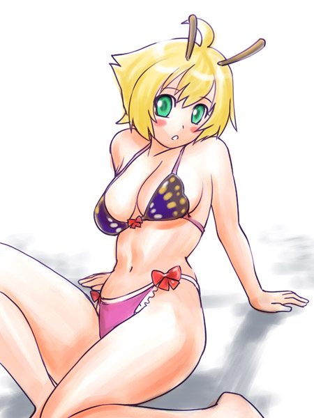 ueyama michirou, shimon (shimotsuma), shimotsuma, 1girl, antennae, arm support, barefoot, bikini, blonde hair, blush, breasts, female focus, green eyes, solo, swimsuit