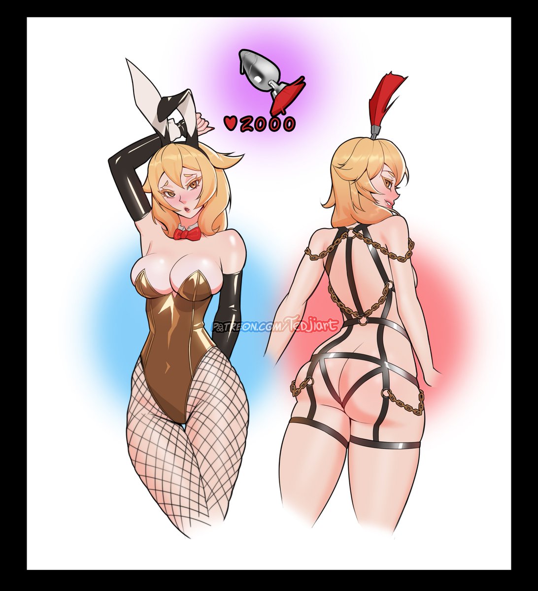 tedjiart, centurii-chan (character), original, commentary, english commentary, highres, arm behind back, artist name, ass, blonde hair, blush, bow, bowtie, breasts, butt plug, chain, elbow gloves, fishnets, gloves, gold chain, large breasts, leather strap, leotard, looking at viewer, pink lips, playboy bunny, plume, red bow, red bowtie, sex toy, smile, thighs, twitter strip game, yellow eyes