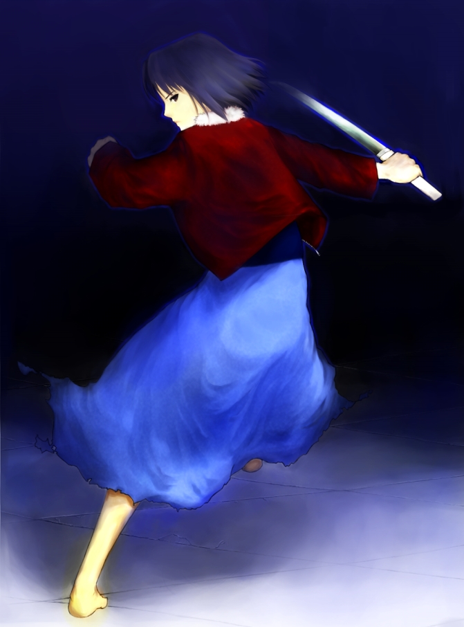 mokuden, ryougi shiki, kara no kyoukai, 1girl, barefoot, black hair, brown eyes, brown hair, female focus, fur collar, jacket, japanese clothes, katana, kimono, obi, red jacket, sash, short hair, solo, sword, weapon