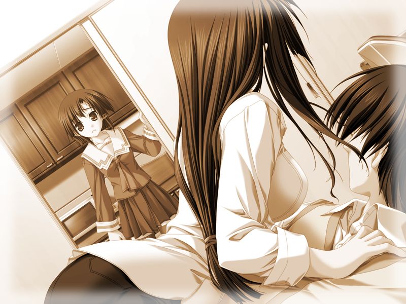 tsukimori hiro, niiyama aoi, sagawa eriko, akiiro renka, game cg, non-web source, official art, 1boy, 2girls, dining room, girl on top, hair tubes, long hair, multiple girls, school uniform, sepia, short hair, sliding doors, traumatized