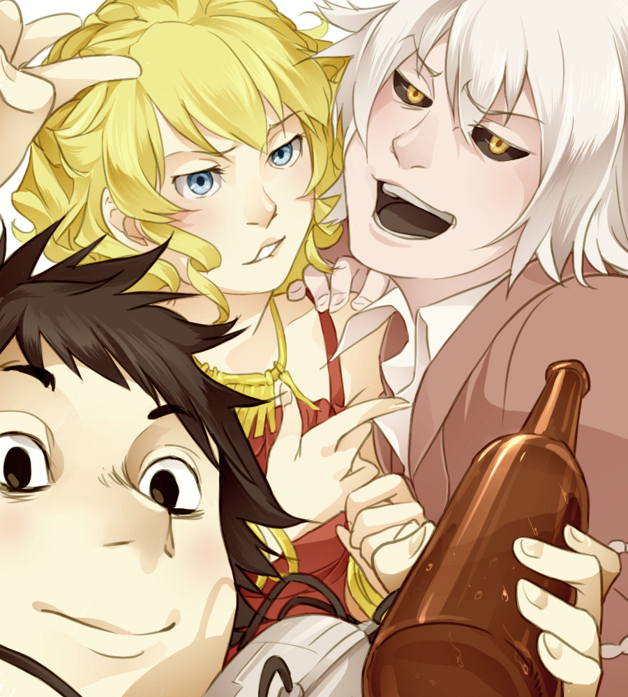 gokusai kaibi, kakine teitoku, kakine teitoku (post-revival), yobou banka, toaru majutsu no index, toaru majutsu no index: new testament, commentary, english commentary, 1girl, 2boys, alcohol, bare shoulders, black eyes, black hair, black sclera, black tongue, blonde hair, blue eyes, bottle, brown jacket, cable, closed mouth, collared shirt, colored sclera, dark matter (kakine teitoku), dress, drunk, glass bottle, gold, hair between eyes, half-closed eyes, holding, holding bottle, jacket, jewelry, light blush, looking at viewer, medium hair, multiple boys, open mouth, pale skin, parted lips, red dress, red pupils, school (toaru), shirt, short hair, sidelocks, sleeveless, sleeveless dress, smile, spiked hair, teeth, time paradox, tongue, unworn headgear, upper body, vilatile, white hair, white shirt, yellow eyes