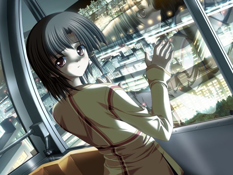 tsukimori hiro, ferris, niiyama aoi, akiiro renka, game cg, non-web source, official art, 1girl, brown eyes, brown hair, cityscape, ferris wheel, from behind, hair tubes, long sleeves, looking at viewer, night, short hair