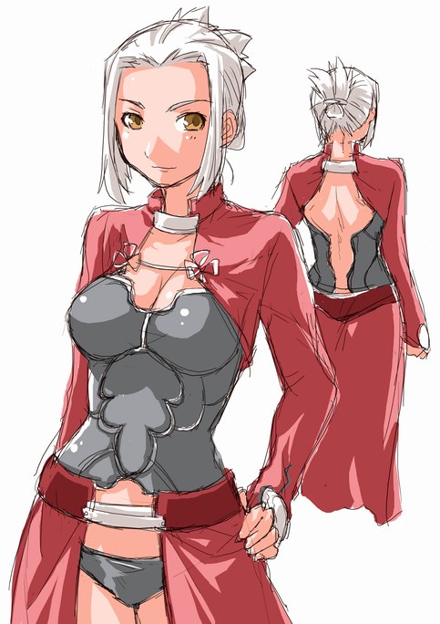 mozu (piyo), archer (fate), fate/stay night, fate (series), 00s, 1girl, back, breasts, brown eyes, cleavage, forehead, genderswap, genderswap (mtf), hair ornament, hairpin, high ponytail, large breasts, panties, ponytail, sketch, underwear, white hair