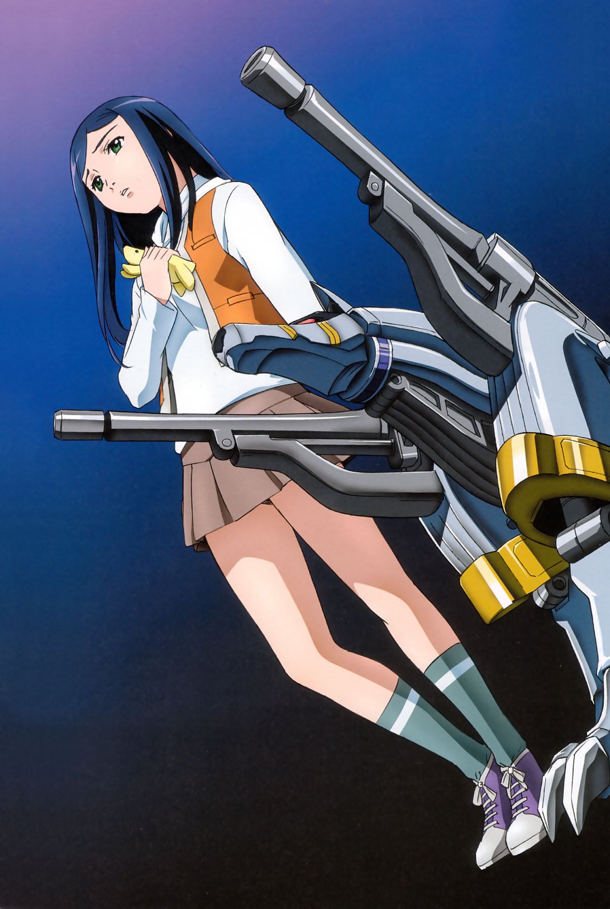 duran, kuga natsuki, my-hime, turret, highres, non-web source, 00s, 1girl, arm at side, blue background, blue hair, brown skirt, dutch angle, female focus, from below, full body, gradient background, green eyes, green socks, holding, kneehighs, long hair, long sleeves, miniskirt, non-humanoid robot, open clothes, open vest, parted lips, pleated skirt, purple shoes, robot, robot animal, robot dog, school uniform, serafuku, shirt, shoes, skirt, sneakers, socks, solo, standing, stuffed animal, stuffed toy, vest, white shirt