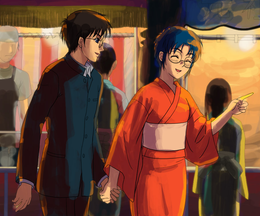 tani, ciel (tsukihime), tohno shiki, tsukihime, 00s, 1boy, 1girl, ^ ^, blue hair, closed eyes, couple, gakuran, glasses, hetero, holding hands, japanese clothes, kimono, obi, pointing, sash, school uniform, summer festival, yukata