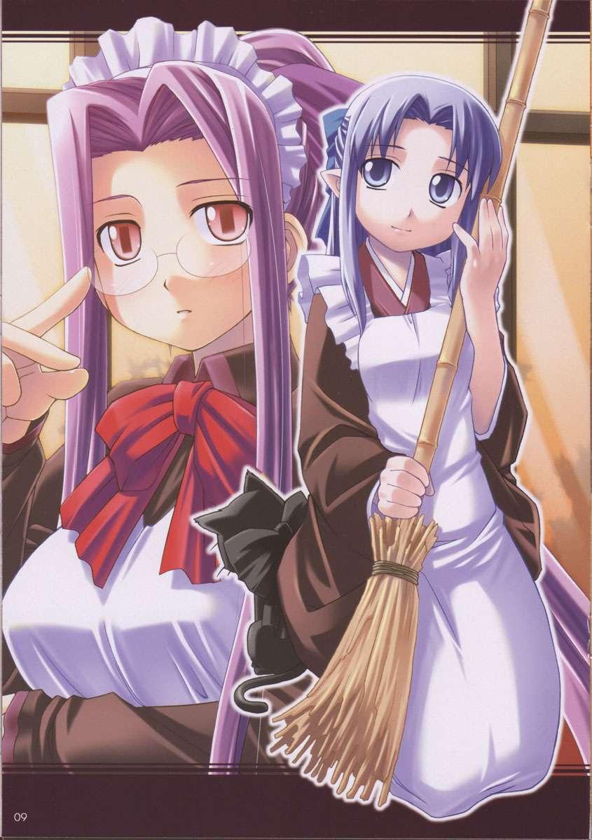 bakutendou, hisui, hisui (tsukihime), kohaku, kohaku (tsukihime), medea (caster) (fate), medea (fate), medusa (fate), medusa (rider) (fate), fate/stay night, fate (series), tsukihime, highres, non-web source, adjusting eyewear, blue eyes, blue hair, broom, cosplay, crossover, glasses, hisui (cosplay), kohaku (cosplay), maid, official alternate costume, pointy ears, purple hair, red eyes, square pupils