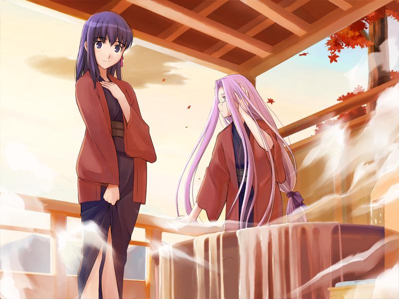 takayama kisai, matou sakura, medusa (fate), medusa (rider) (fate), fate/hollow ataraxia, fate/stay night, fate (series), game cg, non-web source, 00s, 2girls, bath, bow, glasses, hair bow, hand on own chest, hand on own ear, hanten (clothes), japanese clothes, long hair, matching hair/eyes, multiple girls, onsen, pink hair, purple eyes, purple hair, sky, steam, very long hair
