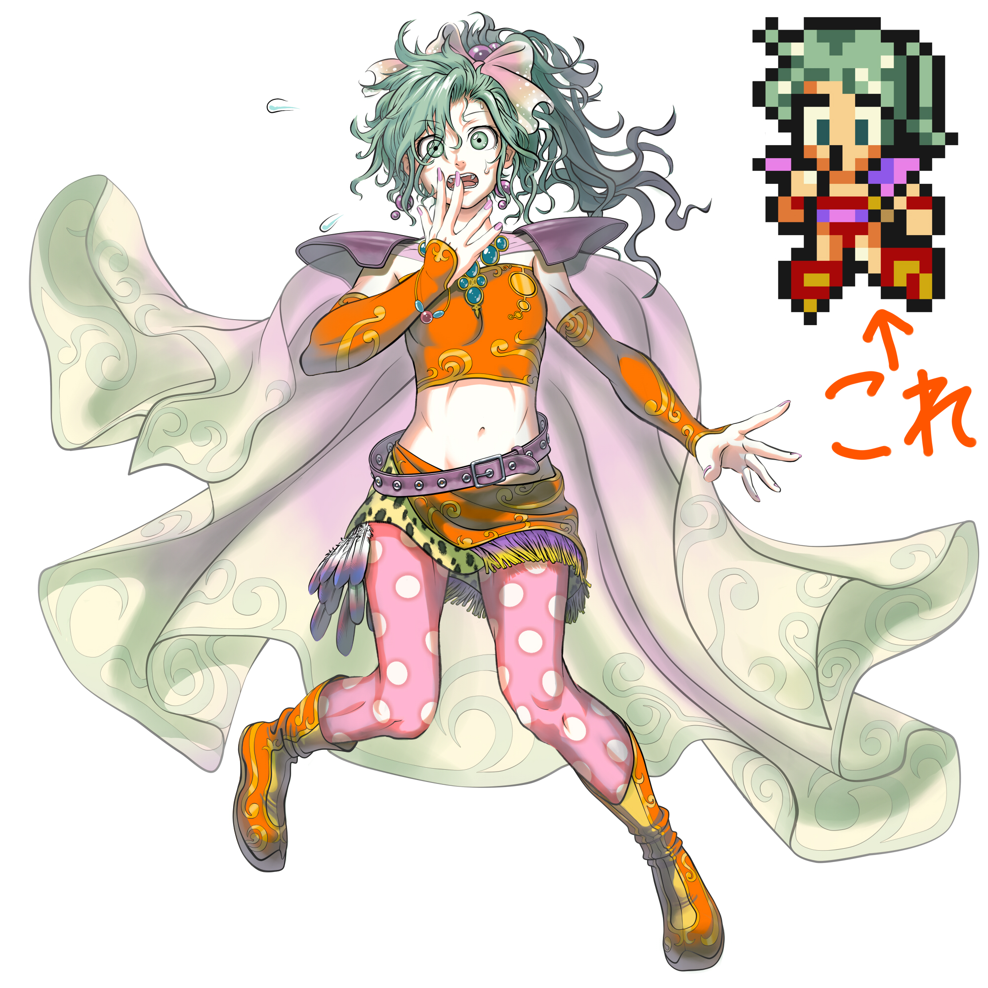 diolemonde, tina branford, final fantasy, final fantasy vi, highres, 1990s (style), 1girl, boots, bow, cape, comparison, detached sleeves, earrings, feathers, female focus, green eyes, green hair, jewelry, long hair, matching hair/eyes, midriff, nail polish, navel, orange boots, pantyhose, pink bow, pink nails, pink pantyhose, pixel art, polka dot, polka dot legwear, ponytail, retro artstyle, solo, surprised