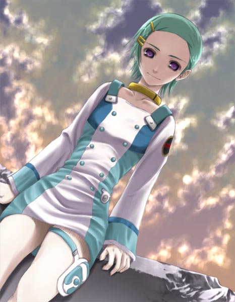 araki maki, eureka (eureka seven), eureka seven, eureka seven (series), 00s, 1girl, aqua hair, arm support, buttons, cloud, dress, dutch angle, female focus, flat chest, from below, hair ornament, hairclip, holster, jewelry, light smile, looking at viewer, looking down, neck ring, necklace, outdoors, pale skin, purple eyes, short dress, short hair, sitting, sky, smile, solo, thigh holster, thigh strap, thighs