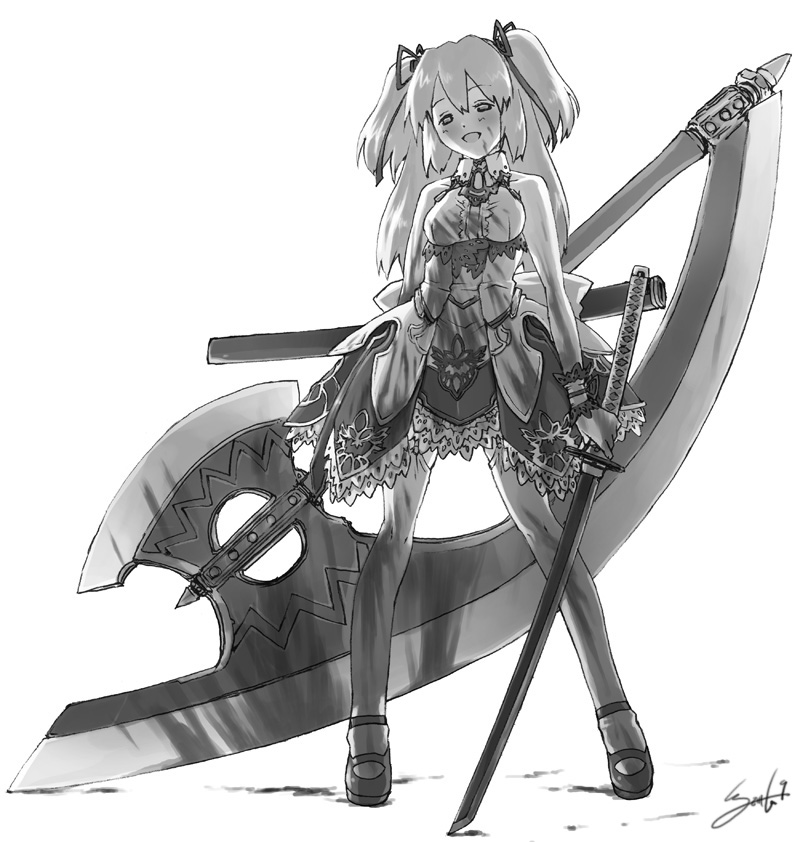 i-iv (longman), wadatsumi garland, original, 1girl, axe, bare shoulders, blood, blood on clothes, blood on face, bloody weapon, bow, dress, female focus, full body, garter belt, garter straps, greyscale, hair between eyes, hair bow, hair ribbon, holding, holding sword, holding weapon, huge weapon, katana, lace, long hair, mary janes, monochrome, ribbon, shoes, simple background, sleeveless, smile, solo, standing, sword, thighhighs, twintails, weapon, white background, wrist cuffs, yandere