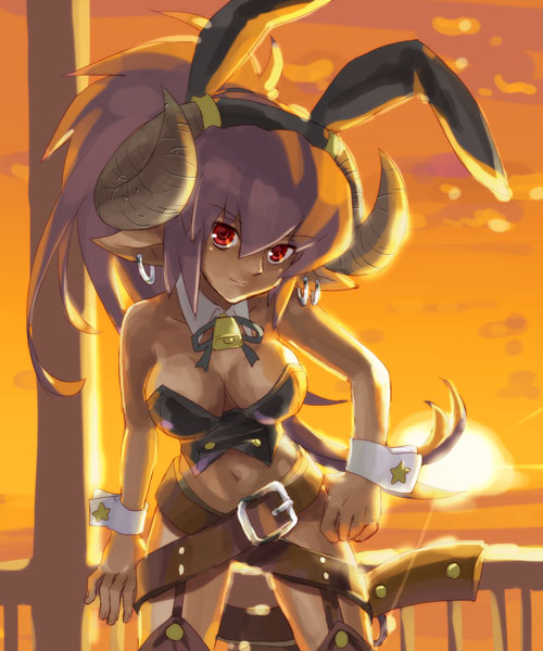 katahira masashi, original, 1girl, animal ears, bell, belt, breasts, cleavage, earrings, female focus, garter belt, horns, jewelry, large breasts, lingerie, outdoors, pointy ears, rabbit ears, rabbit girl, solo, sun, sunset, thighhighs, underwear, wrist cuffs