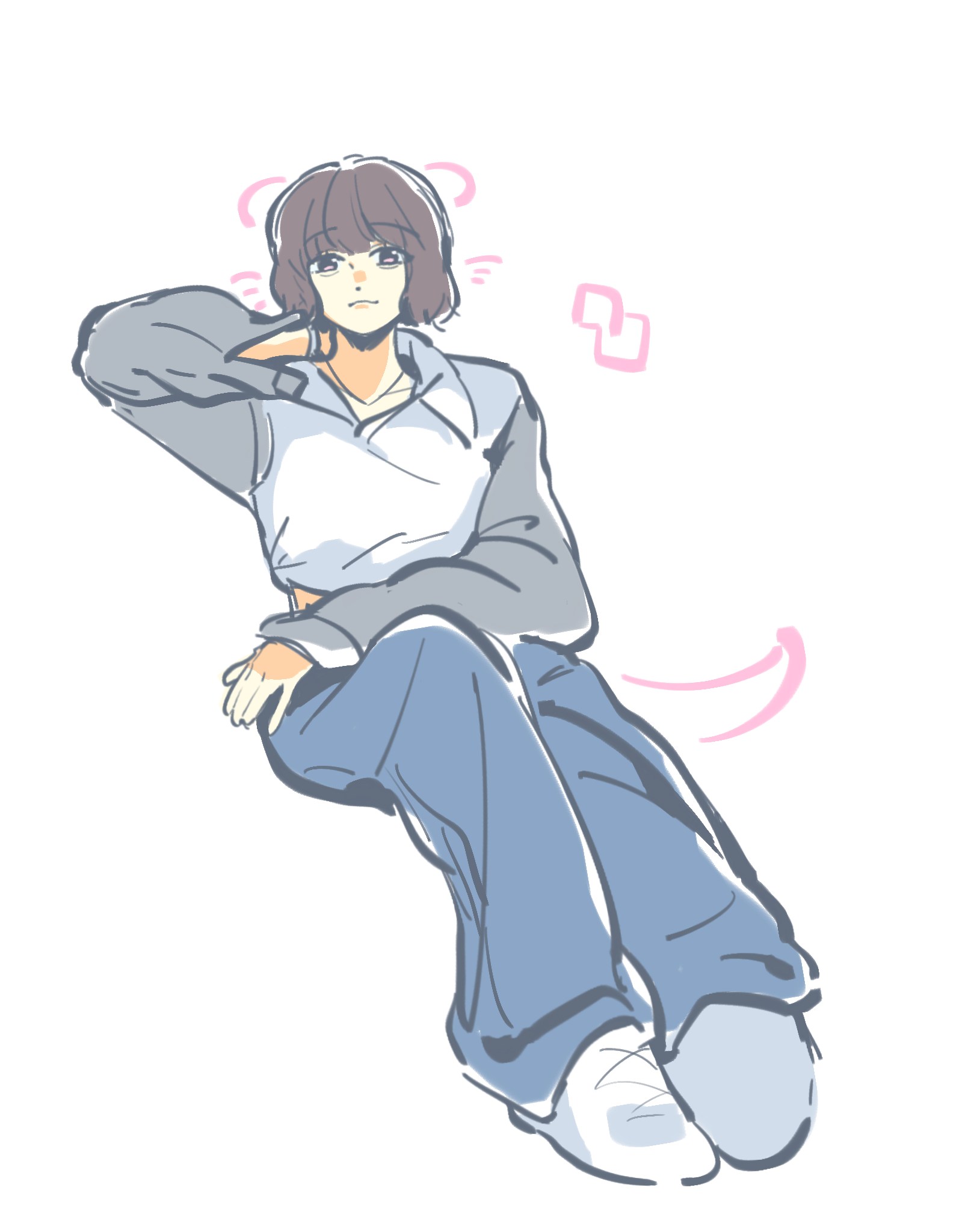 woodonly, hanni (newjeans), newjeans, real life, chinese commentary, commentary request, highres, 1girl, animification, blue pants, brown hair, closed mouth, collared shirt, denim, drawn ears, drawn tail, drawn whiskers, grey sleeves, invisible chair, jeans, looking at viewer, open collar, pants, pink eyes, shirt, shoes, short hair, simple background, sitting, smile, sneakers, solo, white background, white shirt, white shoes