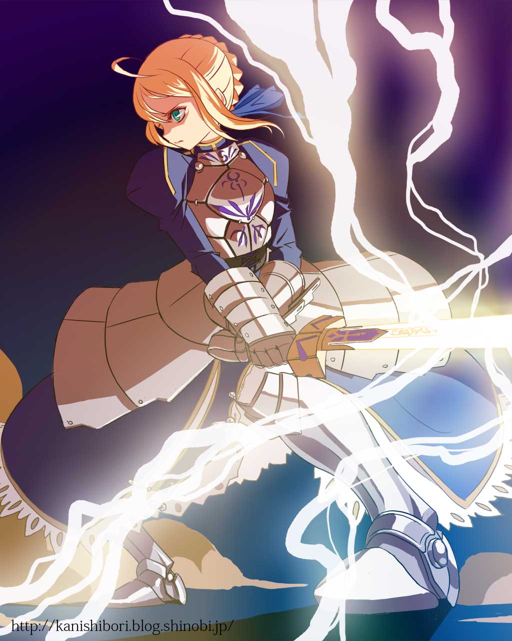 baro, artoria pendragon (fate), saber (fate), fate/stay night, fate (series), highres, 00s, 1girl, ahoge, armor, armored dress, blonde hair, dress, female focus, green eyes, solo, sword, watermark, weapon