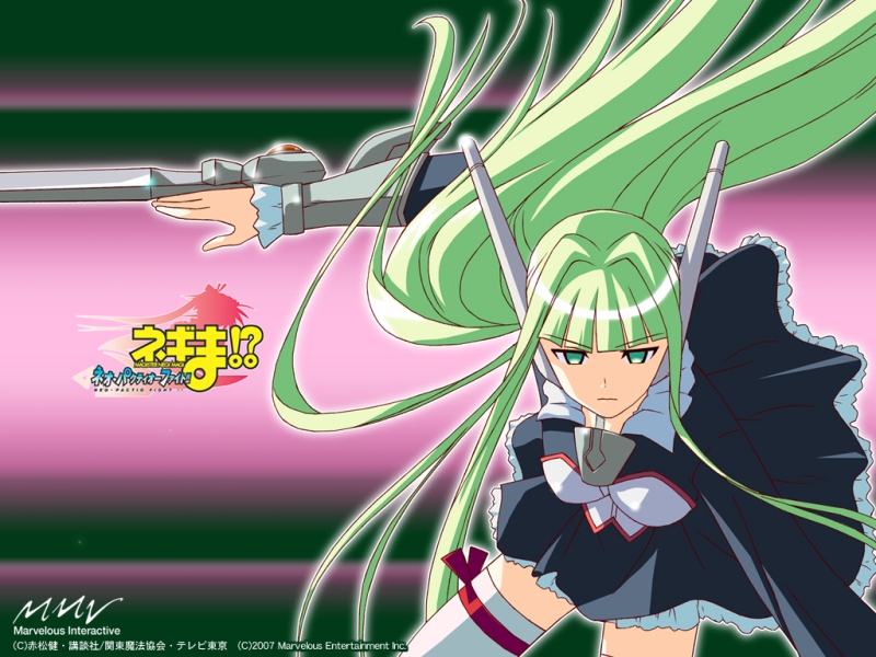 karakuri chachamaru, mahou sensei negima!, 00s, green eyes, green hair, long hair, pactio, robot ears, solo, sword, thighhighs, weapon, zettai ryouiki