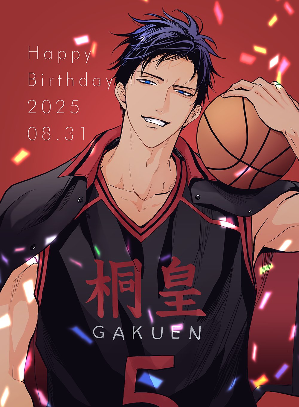 a jou, aomine daiki, kuroko no basuke, commentary, commentary request, highres, 1boy, arm up, ball, basketball (object), basketball jersey, basketball uniform, black jacket, blue eyes, blue hair, collarbone, confetti, dated, grin, happy birthday, holding, holding ball, jacket, jacket on shoulders, looking at viewer, male focus, red background, romaji text, short hair, smile, solo, sportswear, teeth, upper body, v-neck