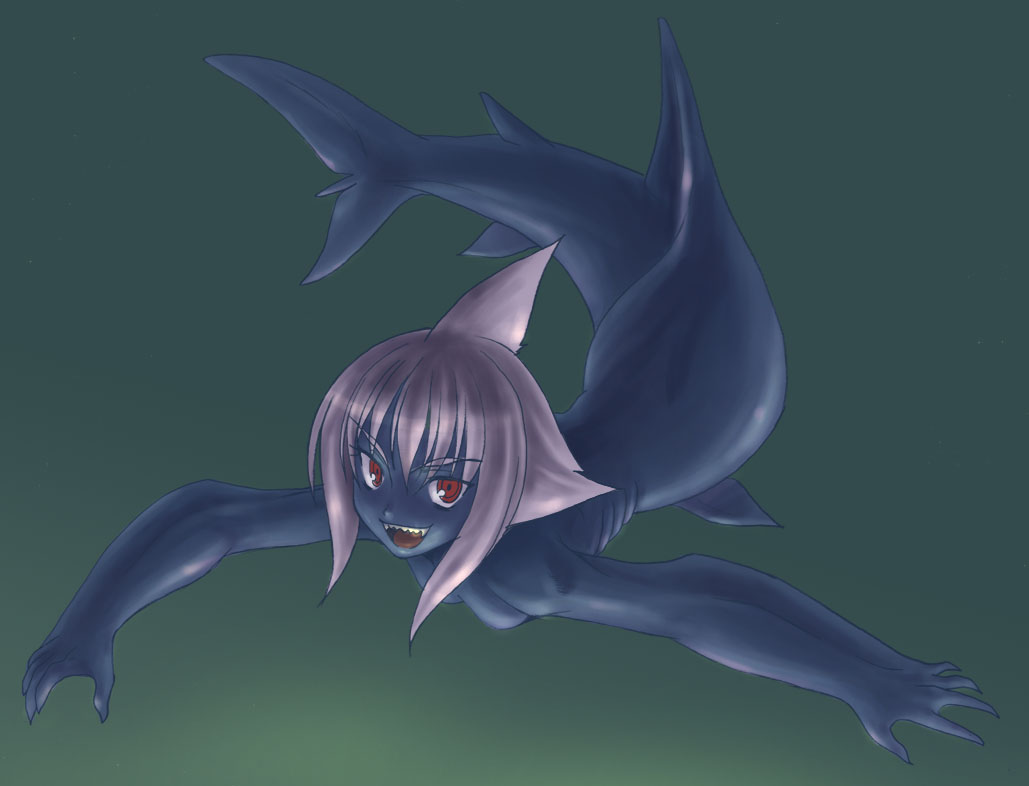 noise (lesion949), >:d, 1girl, :d, blue skin, breasts, colored skin, completely nude, dark, fang, fangs, female focus, fins, gills, gradient background, green background, grey hair, mermaid, monster girl, nude, nudist, open mouth, purple hair, red eyes, shark, shark girl, sharp teeth, short hair, skinny dipping, small breasts, smile, solo, swimming, teeth, underwater, v-shaped eyebrows, water