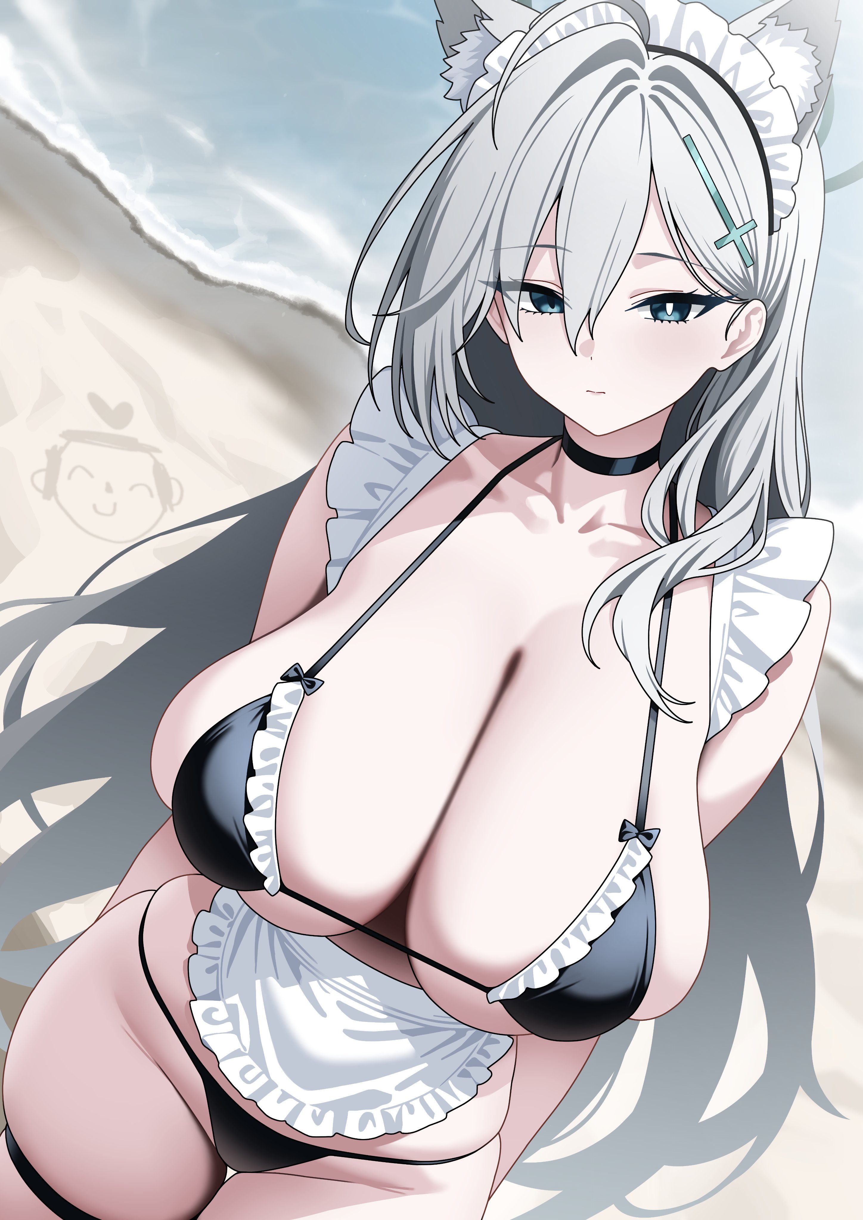 tewaki, doodle sensei (blue archive), sensei (blue archive), shiroko terror (blue archive), blue archive, absurdres, commentary, highres, symbol-only commentary, 1girl, ahoge, animal ear fluff, animal ears, apron, arms behind back, bare shoulders, beach, bikini, black bikini, black choker, blue eyes, breasts, choker, cleavage, closed mouth, collarbone, cross, cross hair ornament, day, drawing on sand, drawn heart, dutch angle, expressionless, frilled apron, frilled bikini, frilled hairband, frills, groin, hair between eyes, hair ornament, hairband, halo, heart, huge breasts, inverted cross, long hair, looking at viewer, micro bikini, miniapron, mismatched pupils, ocean, outdoors, sideboob, skindentation, solo, standing, string bikini, swimsuit, thigh strap, thighs, very long hair, white apron, white hair