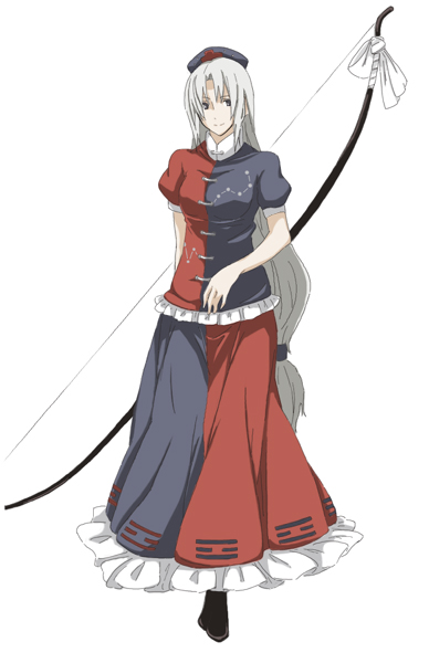 kajiki, yagokoro eirin, touhou, silver hair, bad id, bad pixiv id, 1girl, bow (weapon), female focus, hat, long hair, low-tied long hair, nurse cap, solo, trigram, weapon