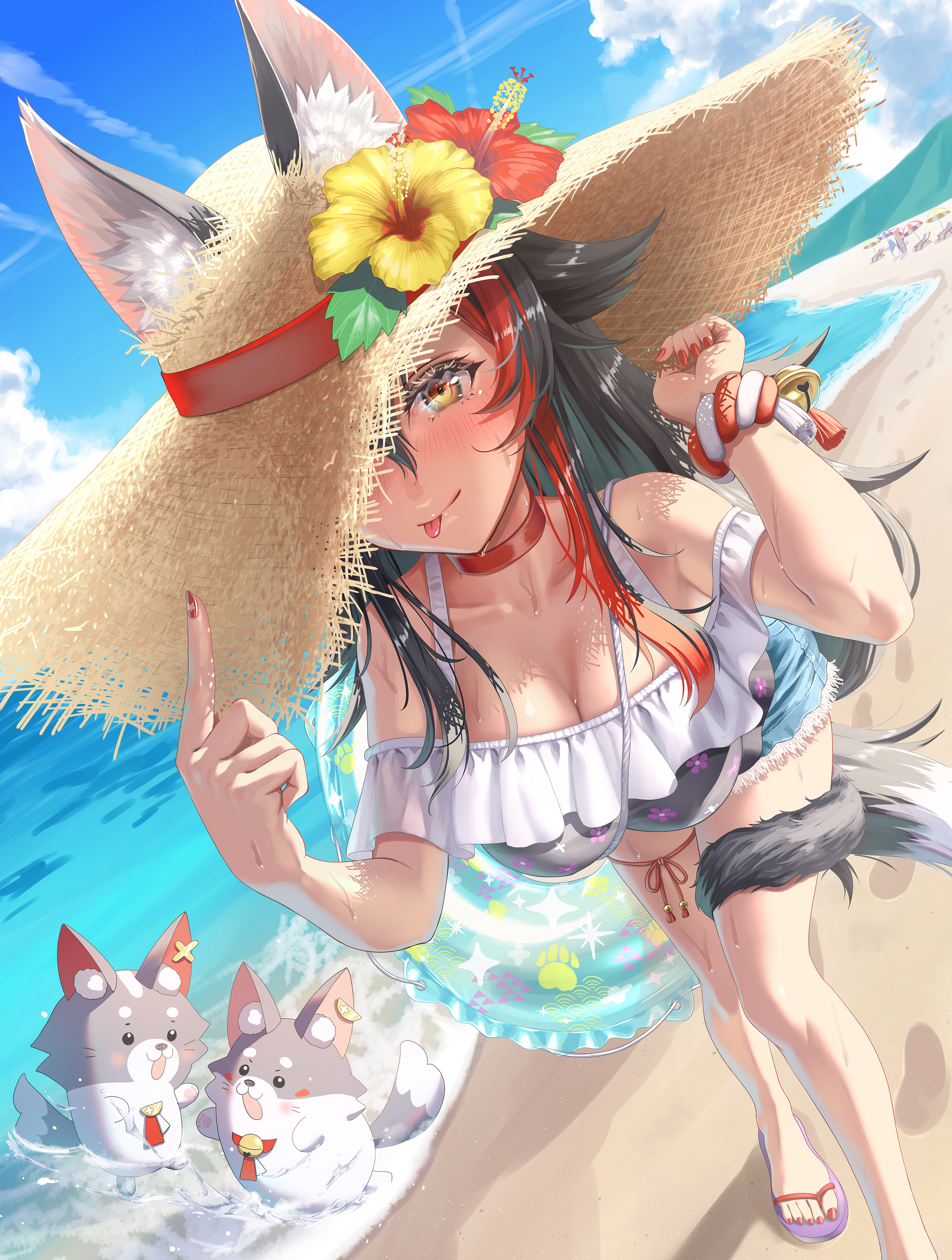 gotointhepark, miofa (ookami mio), ookami mio, ookami mio (holonatsu paradise), hololive, absurdres, commentary request, highres, 1girl, animal ear fluff, animal ears, beach, black hair, black shirt, blue sky, breasts, choker, cleavage, cloud, day, dutch angle, ears through headwear, floral print shirt, flower, frayed shorts, frilled shirt collar, frills, hair between eyes, hands up, hat, hat flower, large breasts, leaning forward, leg ribbon, long hair, looking at viewer, multicolored hair, nail polish, off-shoulder shirt, off shoulder, official alternate costume, outdoors, red choker, red hair, red nails, ribbon, shirt, shorts, sidelocks, sky, solo, streaked hair, tail, tail around own leg, thigh ribbon, very long hair, virtual youtuber, wide brim, wolf ears, wolf girl, wolf tail, yellow eyes