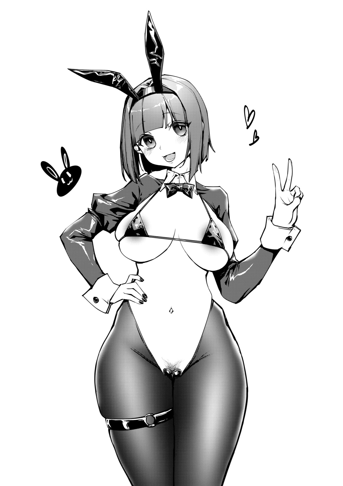 stank, original, highres, 1girl, animal ears, black bow, black bowtie, black bra, black hiphighs, blush, bow, bowtie, bra, breasts, cleavage, collar, female pubic hair, hand on own hip, hand up, heart, heart maebari, large breasts, leotard, long sleeves, maebari, monochrome, navel, open mouth, playboy bunny, pubic hair, rabbit ears, reverse bunnysuit, reverse outfit, short hair, smile, thigh strap, underwear, v, white collar, white wrist cuffs, wrist cuffs
